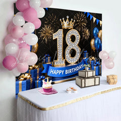 Lofaris Royal Blue and Gold 18th Birthday Backdrop Diamond Numbers and Fireworks Background for Men and Boys