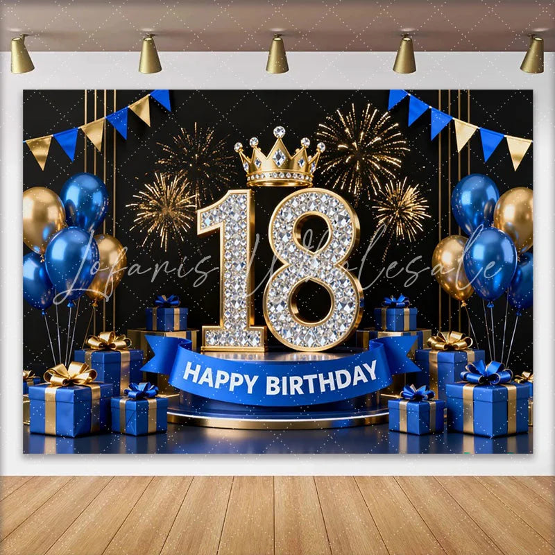 Lofaris Royal Blue and Gold 18th Birthday Backdrop Diamond Numbers and Fireworks Background for Men and Boys