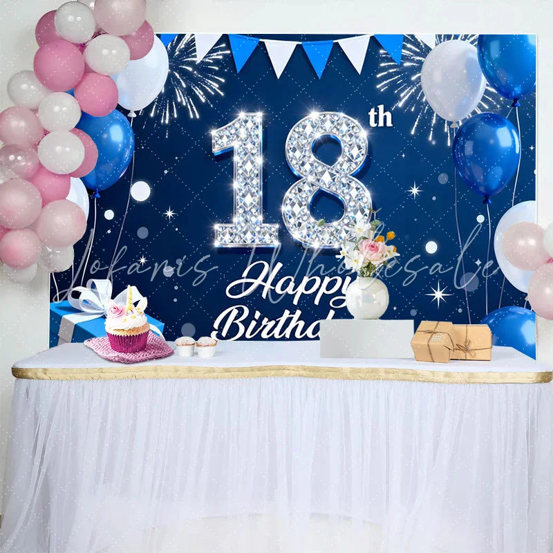 Lofaris Royal Blue and Silver 18th Birthday Backdrop Diamond Numbers and Fireworks Background Anniversary Decor
