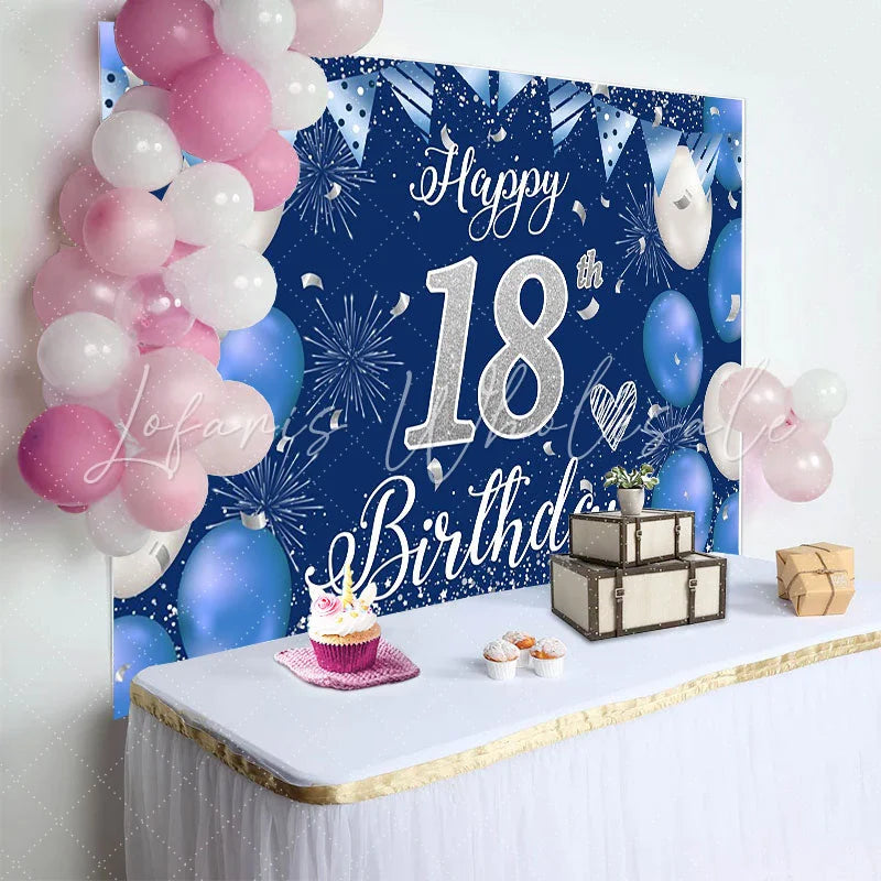 Lofaris Royal Blue and Silver 18th Birthday Backdrop Silver Glitter Numbers and Fireworks Background Party Banner