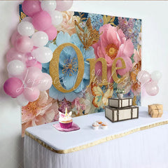 Lofaris Royal Floral First Birthday Photography Backdrop Golden ONE and Butterfly Photo Background