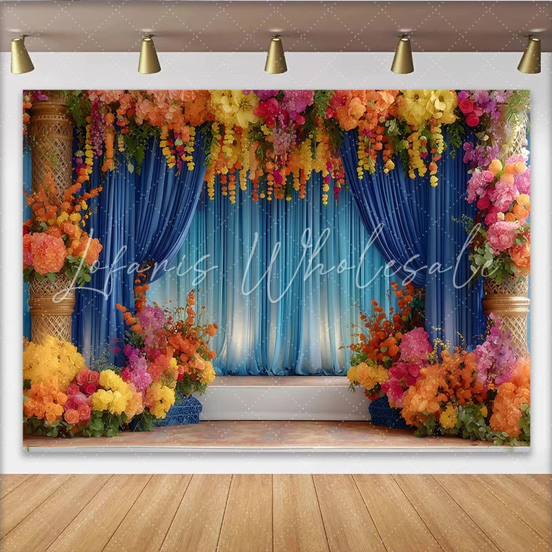 Lofaris Royal Floral Stage Backdrop Blue Curtains and Vibrant Flower Pillars Event Party Banner