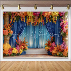Lofaris Royal Floral Stage Backdrop Blue Curtains and Vibrant Flower Pillars Event Party Banner