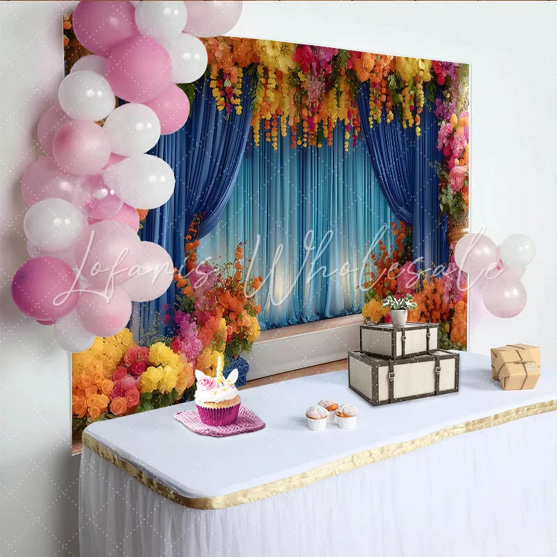 Lofaris Royal Floral Stage Backdrop Blue Curtains and Vibrant Flower Pillars Event Party Banner