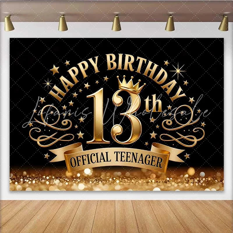 Lofaris Royal Gold 13th Birthday Official Teenager Backdrop Golden Crown and Elegant Swirls Party Decor
