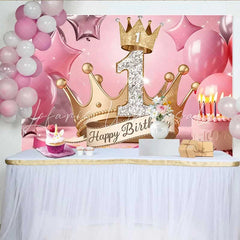 Lofaris Royal Gold Crown 1st Birthday Backdrop Pink Stars and Cake Milestone Party Decoration