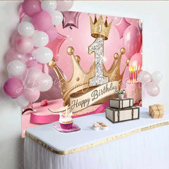 Lofaris Royal Gold Crown 1st Birthday Backdrop Pink Stars and Cake Milestone Party Decoration