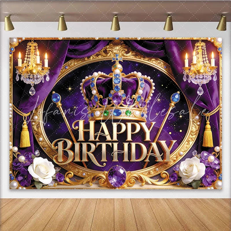 Lofaris Royal Purple and Gold Crown Birthday Backdrop for Girls Elegant Photography Background with Chandeliers and Flowers for Party Decor