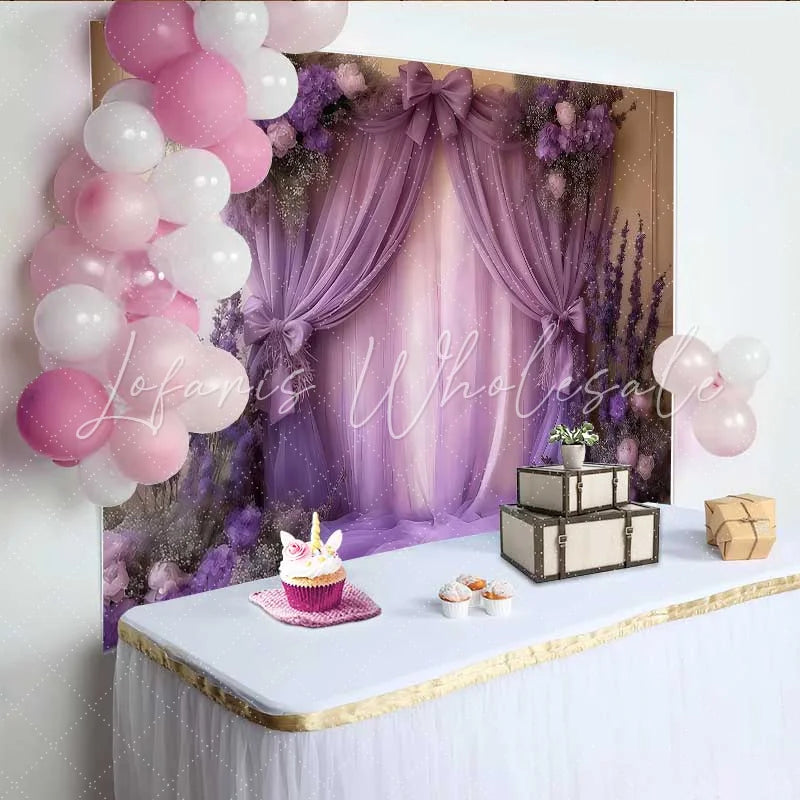 Lofaris Royal Purple Wedding Backdrop Lavender Draping with Floral Clusters and Center Bow
