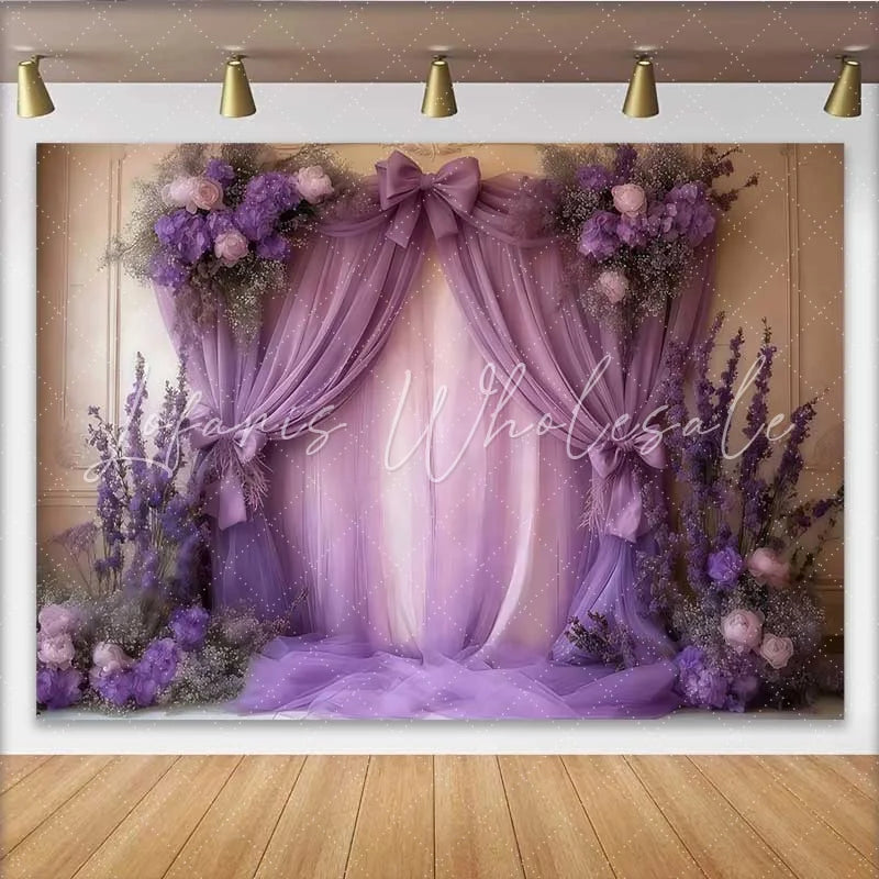 Lofaris Royal Purple Wedding Backdrop Lavender Draping with Floral Clusters and Center Bow