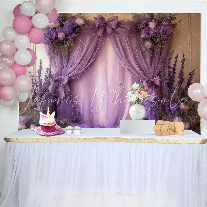 Lofaris Royal Purple Wedding Backdrop Lavender Draping with Floral Clusters and Center Bow