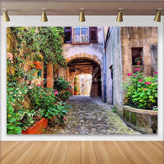Lofaris Rustic Alleyway Photography Backdrop with Flowering Vines and Stone Arch Charming European Street Background for Studio Photoshoot