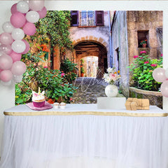 Lofaris Rustic Alleyway Photography Backdrop with Flowering Vines and Stone Arch Charming European Street Background for Studio Photoshoot