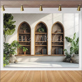 Lofaris Rustic Arch Bookshelf Photography Backdrop with Green Plants and Books Cozy Indoor Studio Background for Portrait Photo