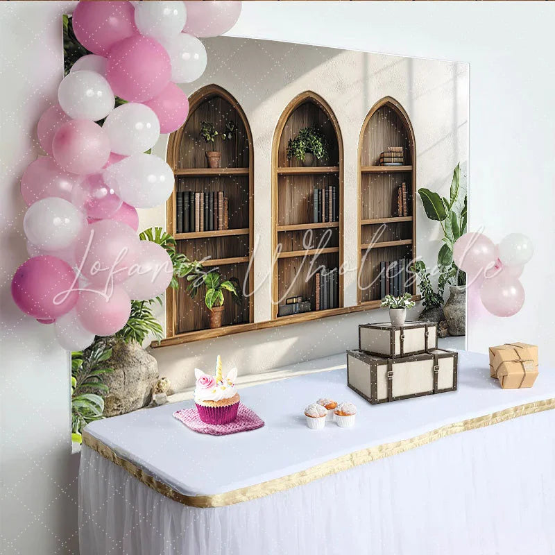 Lofaris Rustic Arch Bookshelf Photography Backdrop with Green Plants and Books Cozy Indoor Studio Background for Portrait Photo