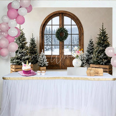 Lofaris Rustic Arch Door Christmas Backdrop with Snowy Trees and Wreath Elegant Winter Holiday Background for Festive Party Decor