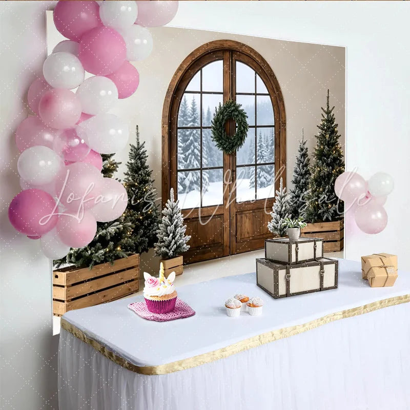 Lofaris Rustic Arch Door Christmas Backdrop with Snowy Trees and Wreath Elegant Winter Holiday Background for Festive Party Decor