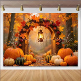 Lofaris Rustic Autumn Backdrop with Fall Leaves Pumpkins and Lantern Enchanting Harvest Festival Background for Thanksgiving Decor