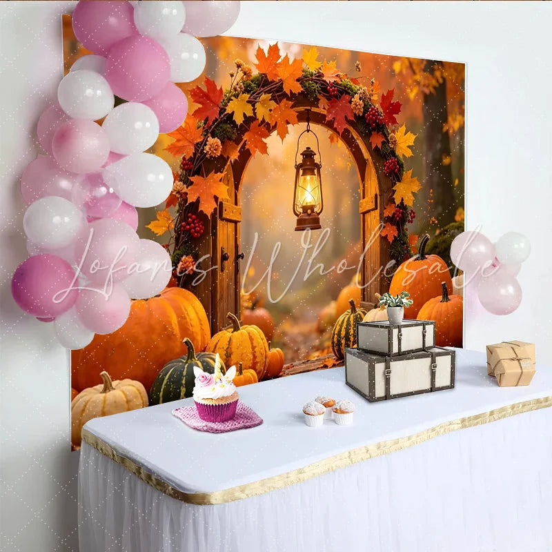 Lofaris Rustic Autumn Backdrop with Fall Leaves Pumpkins and Lantern Enchanting Harvest Festival Background for Thanksgiving Decor