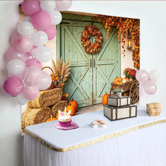 Lofaris Rustic Autumn Backdrop with Green Barn Door Pumpkins and Fall Leaves Harvest Festival Photography Background for Thanksgiving Decor