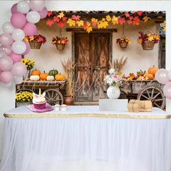 Lofaris Rustic Autumn Backdrop with Pumpkins and Fall Leaves Charming Harvest Photography Background for Thanksgiving Celebration