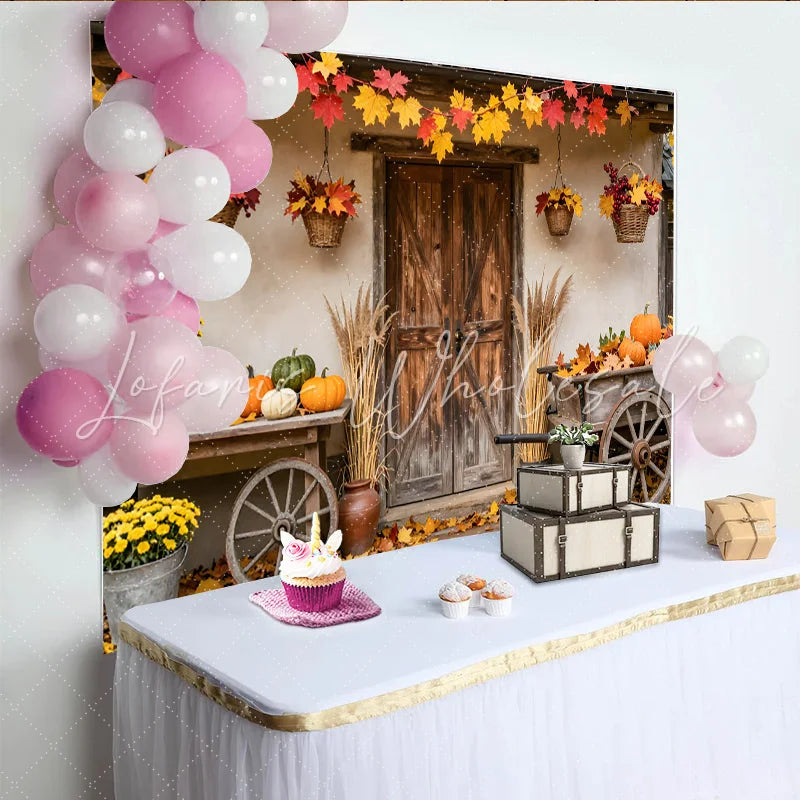 Lofaris Rustic Autumn Backdrop with Pumpkins and Fall Leaves Charming Harvest Photography Background for Thanksgiving Celebration