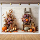 Lofaris Rustic Autumn Backdrop with Pumpkins Dried Leaves and Lanterns Cozy Fall Harvest Background for Thanksgiving Party Decor