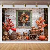 Lofaris Rustic Autumn Backdrop with Teddy Bears and Pumpkins Cozy Fall Background for Studio Portrait Photography