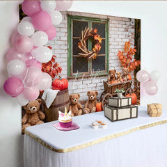 Lofaris Rustic Autumn Backdrop with Teddy Bears and Pumpkins Cozy Fall Background for Studio Portrait Photography