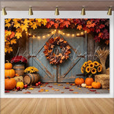 Lofaris Rustic Autumn Backdrop with Wooden Barn Doors Pumpkins and Fall Leaves Harvest Photography Background for Seasonal Decor and Events.