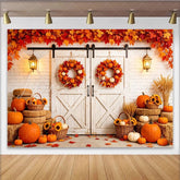Lofaris Rustic Autumn Barn Door Backdrop with Pumpkins and Fall Leaves Elegant Harvest Photo Background for Seasonal Decor
