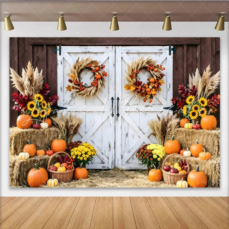 Lofaris Rustic Autumn Barn Door Backdrop with Pumpkins Sunflowers and Fall Wreaths Farmhouse Harvest Photography Background Prop