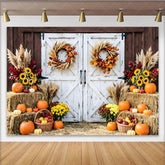 Lofaris Rustic Autumn Barn Door Backdrop with Pumpkins Sunflowers and Fall Wreaths Farmhouse Harvest Photography Background Prop
