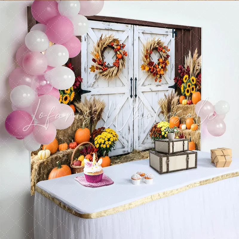 Lofaris Rustic Autumn Barn Door Backdrop with Pumpkins Sunflowers and Fall Wreaths Farmhouse Harvest Photography Background Prop