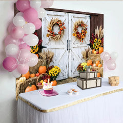 Lofaris Rustic Autumn Barn Door Backdrop with Pumpkins Sunflowers and Fall Wreaths Farmhouse Harvest Photography Background Prop