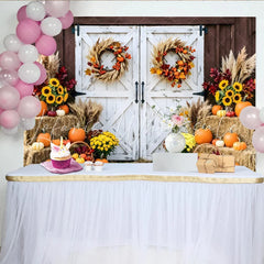 Lofaris Rustic Autumn Barn Door Backdrop with Pumpkins Sunflowers and Fall Wreaths Farmhouse Harvest Photography Background Prop