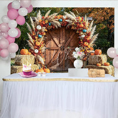 Lofaris Rustic Autumn Barn Door Photography Backdrop with Pumpkins Fall Leaves and Pampas Grass Seasonal Harvest for Photoshoot Decor