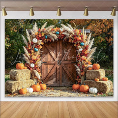Lofaris Rustic Autumn Barn Door Photography Backdrop with Pumpkins Fall Leaves and Pampas Grass Seasonal Harvest for Photoshoot Decor