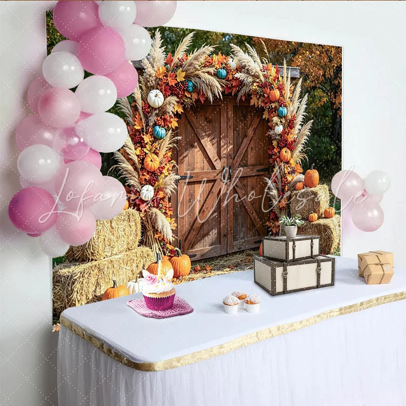 Lofaris Rustic Autumn Barn Door Photography Backdrop with Pumpkins Fall Leaves and Pampas Grass Seasonal Harvest for Photoshoot Decor