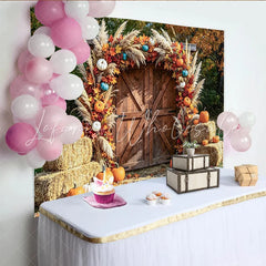 Lofaris Rustic Autumn Barn Door Photography Backdrop with Pumpkins Fall Leaves and Pampas Grass Seasonal Harvest for Photoshoot Decor