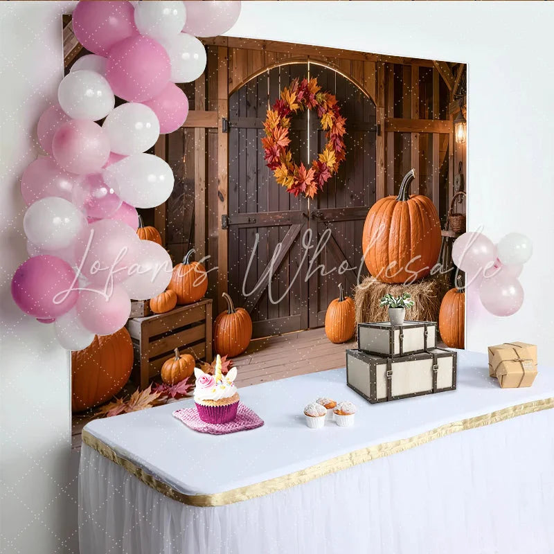 Lofaris Rustic Autumn Barn Photography Backdrop with Pumpkins and Fall Leaves Wooden Background for Harvest Party Decor