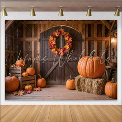 Lofaris Rustic Autumn Barn Photography Backdrop with Pumpkins and Fall Leaves Wooden Background for Harvest Party Decor