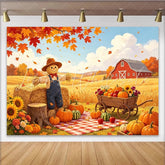 Lofaris Rustic Autumn Farm Photography Backdrop with Scarecrow Pumpkins and Red Barn Fall Harvest Background for Studio Photoshoot