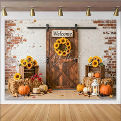 Lofaris Rustic Autumn Harvest Backdrop with Barn Door and Sunflowers Pumpkins and Hay Bales for Fall Party Decor Photo Background