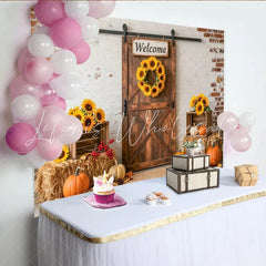 Lofaris Rustic Autumn Harvest Backdrop with Barn Door and Sunflowers Pumpkins and Hay Bales for Fall Party Decor Photo Background