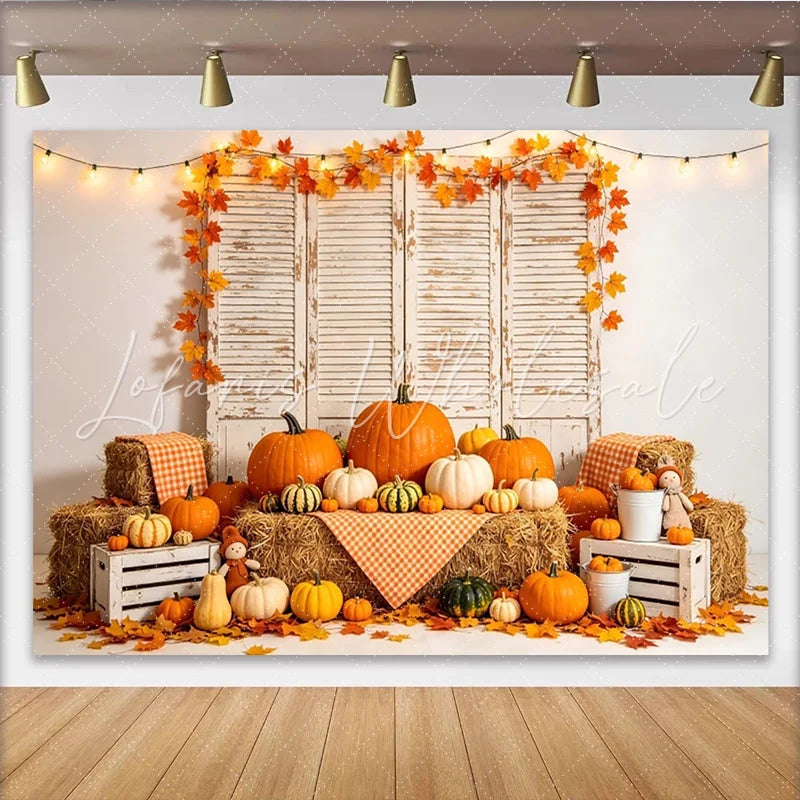 Lofaris Rustic Autumn Harvest Backdrop with Pumpkins and Hay Bales Fall Leaves Photography Background for Studio Decor