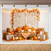 Lofaris Rustic Autumn Harvest Backdrop with Pumpkins and Hay Bales Fall Leaves Photography Background for Studio Decor
