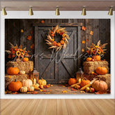 Lofaris Rustic Autumn Harvest Backdrop with Pumpkins Sunflowers and Barn Door Fall Photography Background for Thanksgiving Party Decor