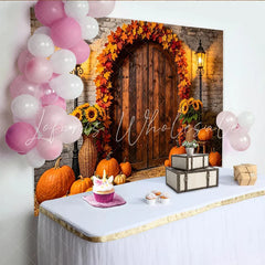 Lofaris Rustic Autumn Harvest Backdrop with Pumpkins Sunflowers and Fall Leaves Vintage Wooden Door Photography Background