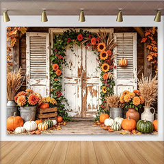 Lofaris Rustic Autumn Harvest Backdrop with Pumpkins Sunflowers and Wooden Door Charming Fall Farmhouse Background for Thanksgiving Decor